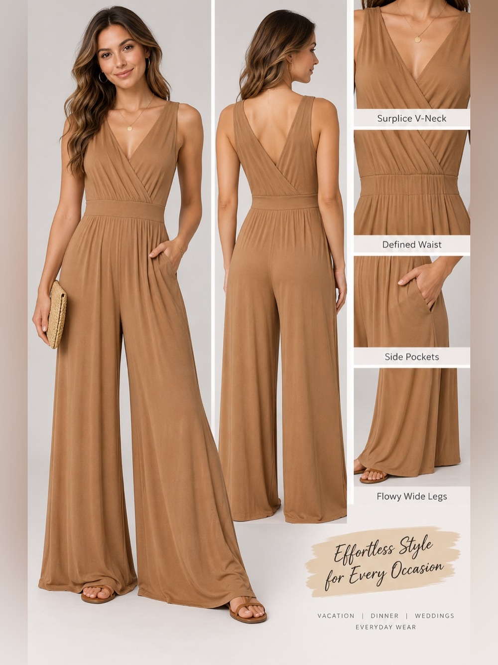 ZENANA Camel Brown Wide Leg Surplice Jumpsuit Small Boho Maxi